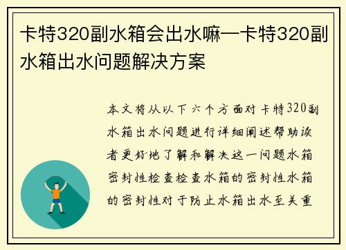 卡特320副水箱会出水嘛—卡特320副水箱出水问题解决方案