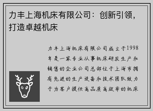 力丰上海机床有限公司：创新引领，打造卓越机床