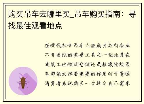 购买吊车去哪里买_吊车购买指南：寻找最佳观看地点